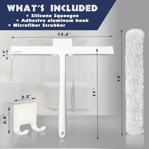 12 Inch Silicone Shower Squeegee for Glass Doors with Microfiber Cloth & Hook, Streak-Free Window Cleaner for Bathroom Mirror Tile Car, No-Scratch Squeegee with Rustproof Metal Core (White) - Image 2
