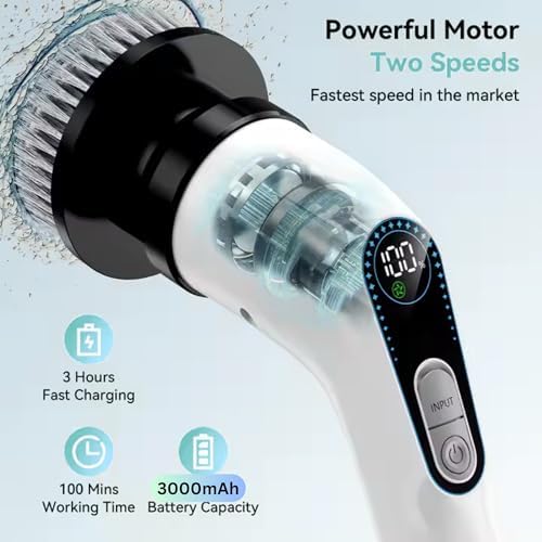 Electric Spin Scrubber for Cleaning, Cordless Power Scrubber with Long Handle, 10 Replaceable Brush Heads, 2-Speed, IPX7 Waterproof for Bathroom, Shower, Tub, Tile & Kitchen - Image 3