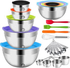 WEPSEN Mixing Bowls with Lid Set, 25PCS Kitchen Utensils Metal Bowl Stainless Steel Nesting Bowls, Measuring Cups and Spoons, Egg Whisk for Baking Prepping Cooking Serving Supplies by WEPSEN