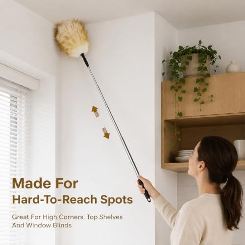Lambswool Extendable Cleaning Duster 26-54 Inch, Stainless Steel Pole, Soft Non-Slip Handle, Washable & Reusable for High Ceiling Fans, Blinds, Furniture - Yellow & White - Image 6