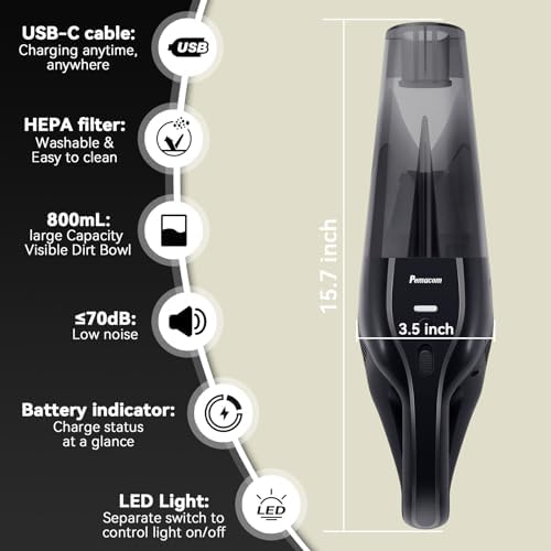 pemacom Portable Handheld Vacuum Cordless – 10,000Pa Suction Power, Lightweight 1.8 lbs, Washable HEPA Filter, LED Light, Quiet, 800ml Dustbin, Perfect for Home - Image 2