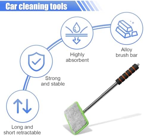 Car Windshield Cleaner Tool, Retractable Rearview Mirror Brush with Extendable Handle, Microfiber Window Washing Pad, Portable Auto Glass Wiper for Car Home Office (Green) - Image 3