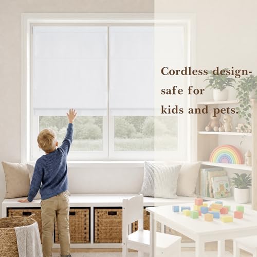 RYB HOME No Drill Blackout Roman Shade, Cordless Magnetic Faux Linen Roman Window Shades for Indoor Windows, French Doors and Bedroom, Washable, White, W36 x H64, 1 Panel - Image 5