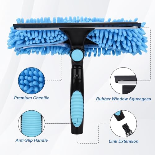Window Squeegee Cleaner Tool with Extension Pole: 2-in-1 Window Cleaning Kit - 86.6 Inch Telescopic Long Window Cleaning Tool for High Windows Car Glass - with 2 Microfiber Cloth & Squeegee Blade - Image 2
