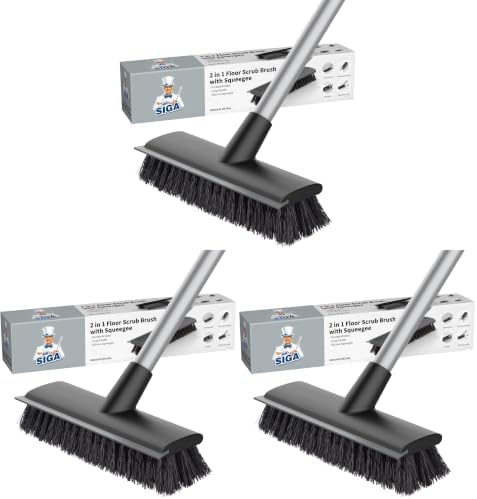 MR.SIGA Floor Scrub Brush with Long Handle, 2 in 1 Scrubber and Squeegee for Cleaning Bathroom, Patio, Garage, Wall, Tile with Stiff Bristles (Pack of 3) by MRSIGA