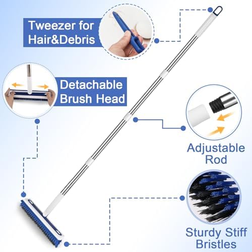 4-in-1 Floor Scrub Brush with Long Handle V-Shaped Crevice Brush Floor Scrubber Mop with Squeegee and Tweezer for Cleaning Gap Tile Bathroom Kitchen Patio Deck Garage - Image 5