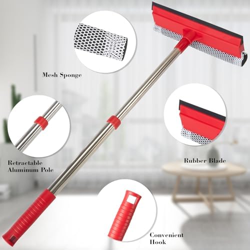 Window Squeegee with 15.7"-27.5" Retractable Stainless Steel Handle, 2-in-1 Windshield Cleaner Tool for Cars, Trucks, Glass Doors, Shower Glass, Outdoor Windows – Window Cleaner (Red) - Image 5