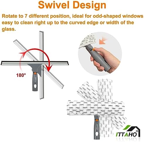 Squeegee for Window Cleaning,12" Squeegee and 11" Microfiber Scrubber Combi with Stainless Steel Pole,Extendable Window Cleaner for Car,Sliding Door,Shower Glass Door-Swivel Style-2 Pads - Image 3