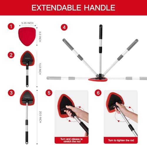 Qydipclin 10pcs Windshield Cleaner Tool, Car Window Cleaning Wash Kit with 4 Reusable Microfiber Pads 1 Spray Bottle and Extendable Handle Auto Glass Wiper Kit, Red - Image 5
