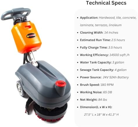 14" Compact Floor Scrubber Dryer Machine, Lithium Battery, 4-Gal Tank - Image 3