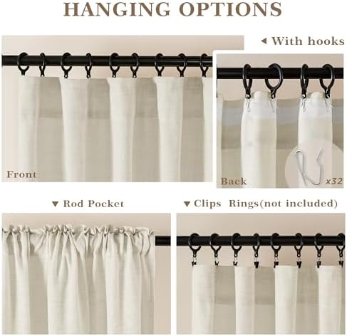 Natural Cream Linen Curtains 94 Inches Long 2 Panels Set Semi Sheer - Image 2