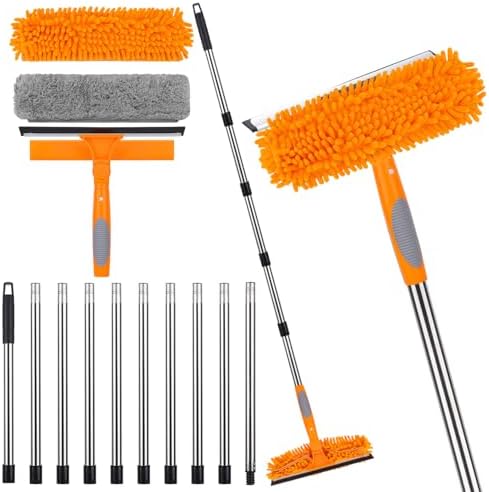Window Squeegee Cleaner Tool with Extension Pole: 2-in-1 Window Cleaning Kit - 86.6 Inch Telescopic Long Window Cleaning Tool for High Windows Glass with 2 Microfiber Cloth & Squeegee Blade by BeiLan