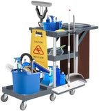 Commercial Janitorial Cleaning Cart on Wheels - Black Housekeeping Caddy with Cover, Shelves and Vinyl Bag by PioneerWorks