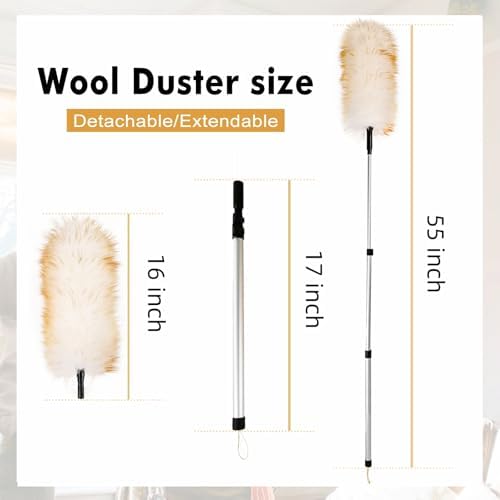 Lambswool Duster Extendable 31-55 Inch, Natural Electrostatic Feather Duster for Cleaning with Aluminum Extension Pole Reusable for High Ceilings, Fans, Blinds, Furniture, Interior & Roof Dusting - Image 2