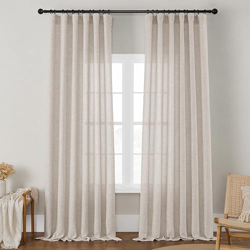 Linen 100 Inch Long Curtains 2 Panels with Rod Pocket Hook Belt by DUKIYO