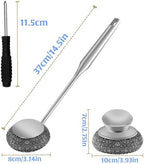 2Pcs Stainless Steel Wool Scrubber Sets, Dish Scrubber with Long Short Handle Stainless Steel Scrubber Cleaning Brush Metal Scrubber with Replacement, Steel Scrubber for Dishes Tableware Home Kitchen - Image 2
