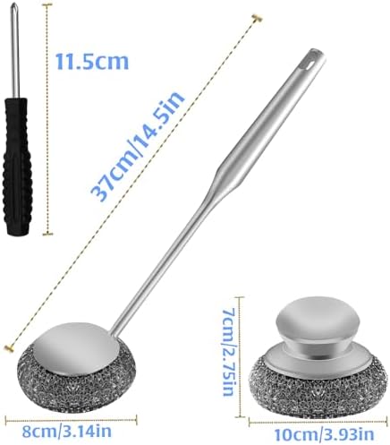 2Pcs Stainless Steel Wool Scrubber Sets, Dish Scrubber with Long Short Handle Stainless Steel Scrubber Cleaning Brush Metal Scrubber with Replacement, Steel Scrubber for Dishes Tableware Home Kitchen - Image 2