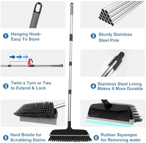 ITTAR Floor Scrub Brush with 55" Long Handle, 10" Wide Stiff Bristles Deck Brush, Stainsless Steel Pole Heavy-Duty Cleaning Brush, 2-in-1 Scrubber with Ruber Squeegee for Deck, Patio, Pool, Tile, Wall - Image 4