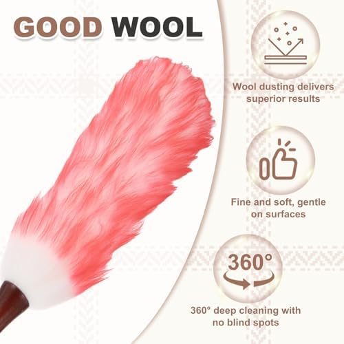 uxcell Wool Duster, 20.5" Natural Feather Cleaner Household Cleaning Duster with Solid Wooden Handle for Cleaning Fans Window Blinds Shelves Furniture, White Pink - Image 5