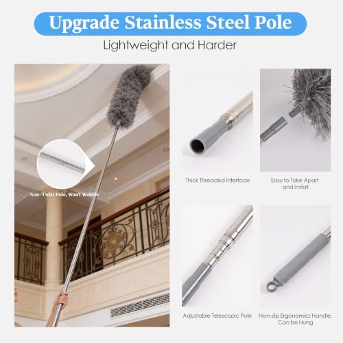 Microfiber Feather Duster Kit with Extension Pole, 7 PCS Washable Reusable Duster for Cleaning, 100'' Bendable Extendable Long Duster with Stainless Steel Pole for High Ceilings, Fans, Furniture & Car - Image 4