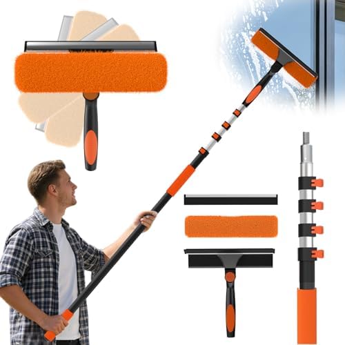 25FT Reach Window Squeegee Kit with Extension Pole, 2-in-1 Professional Washer for High Windows, 5-20FT Adjustable Reach, Rotatable Head for Indoor & Outdoor Use, Streak-Free Cleaning Tool for Home by Unknown