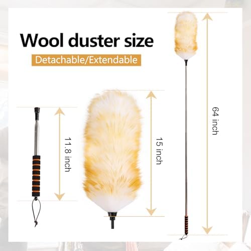 Lambswool Extendable Cleaning Duster 26-64 Inch, Anti-Static Wall Duster Cleaner with Sponge Grip and Stainless Steel Extension Pole for High Ceiling Fan, Interior, and Roof Dusting - Yellow & White - Image 3