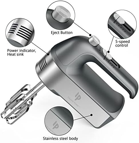 Hand Mixer Electric, 450W Kitchen Mixers with Scale Cup Storage Case, Turbo Boost/Self-Control Speed + 5 Speed + Eject Button + 5 Stainless Steel Accessories, For Easy Whipping Dough, Cream, Gray - Image 2