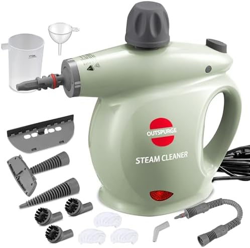 Handheld Steam Cleaner, Pressurized Multi-Surface Steam Shot with 13 Accessories, Safety Lock, Steamer for Cleaning Floor, Upholstery, Grout, Windows, Couch and Car, Green by OUTSPURGE
