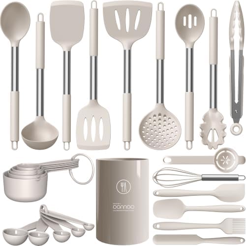 oannao Large Silicone Cooking Utensils Set - Heat Resistant Kitchen Utensils,Turner Tongs,Spatula,Spoon,Brush,Whisk,Stainless Steel Cooking Tool for Nonstick Cookware,Dishwasher Safe (Khaki) by oannao