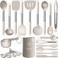 oannao Large Silicone Cooking Utensils Set - Heat Resistant Kitchen Utensils,Turner Tongs,Spatula,Spoon,Brush,Whisk,Stainless Steel Cooking Tool for Nonstick Cookware,Dishwasher Safe (Khaki) by oannao