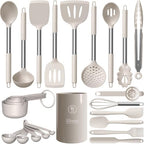 oannao Large Silicone Cooking Utensils Set - Heat Resistant Kitchen Utensils,Turner Tongs,Spatula,Spoon,Brush,Whisk,Stainless Steel Cooking Tool for Nonstick Cookware,Dishwasher Safe (Khaki) by oannao