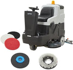 Battery Powered Ride-On Commercial Floor Scrubber Machine, 38" Brush, 48" Squeegee Width, 46 gal Solution Tank, 48 gal Recovery Tank, 5 hr Use 8 hr Charge, 180 RPM, 84,000 Sqft/H, Batteries Included by DapperSupply