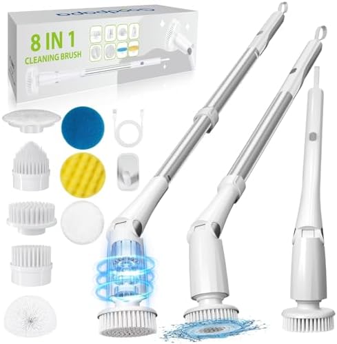 Electric Spin Scrubber, Cordless Cleaning Brush with 8 Replaceable Cleaner Brush, Power Shower Scrubber with Long Handle, Electric Scrubber for Cleaning Floor Bathroom Bathtub Tile by GOODPAPA