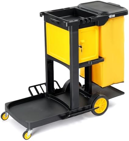 TUFFIOM Janitorial Cart with Key-Locking Cabinet, 3-Shelf Commercial Cleaning Cart, Housekeeping Caddy with Locker,Wheeled with Yellow Vinyl Bag, Black, Great for Hotel, Stores, Schools, and Business by TUFFIOM