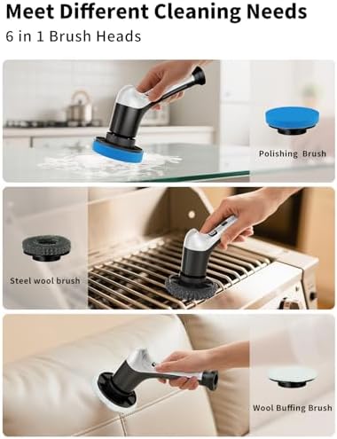 Electric Spin Scrubber, Cordless Household Cleaning Brush with 6 Replaceable Heads, 3 Speeds, LED Display, Lightweight Handheld Power Scrubber for Cleaning Stove/Bowl/Sink/Corner/Tile/Grout-Black - Image 7