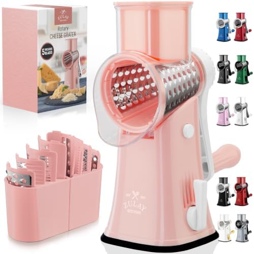 Rotary Cheese Grater Manual Hand Crank 5 Blade Shredder, Peach & White by ZulayKitchen