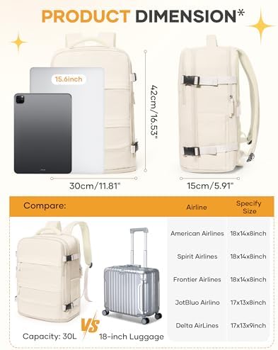 coofay Beige Travel Backpack For Women Men Airline Approved Personal Item Carry On Flight Approved Waterproof Backpack For Traveling On Airplane Weekender Travel Bag - Image 3