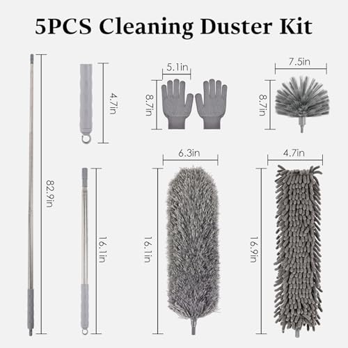 Microfiber Feather Duster 5-in-1 Kit with Extension Pole, Washable Cleaning Duster Set with 3 Duster Heads, Cobweb Duster, Corner Brush, 100'' Extendable Long Duster for High Ceilings, Fans, Furniture - Image 3