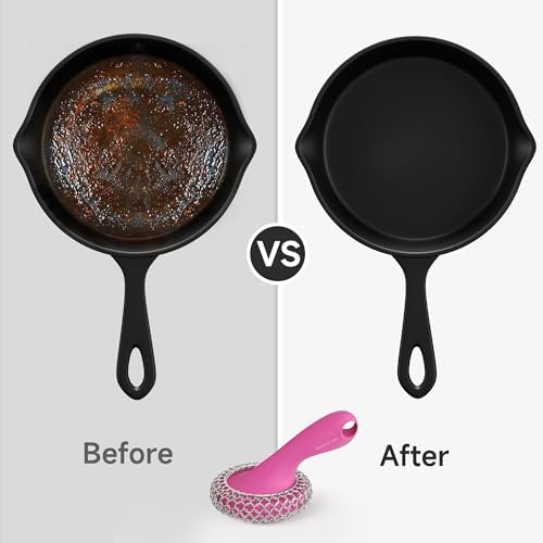 SUBEKYU Cast Iron Scrubber with Silicone Handle, Stainless Steel Skillet Cleaner for Cast Iron Pans (Pink) - Image 2