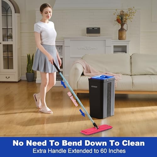 JOYMOOP Mop and Bucket with Wringer Set, Hands Free Flat Floor Mop and Bucket, with 4 Washable Microfiber Pads, Wet and Dry Use, Floor Cleaning System - Black+Red+Slate Blue - Image 5