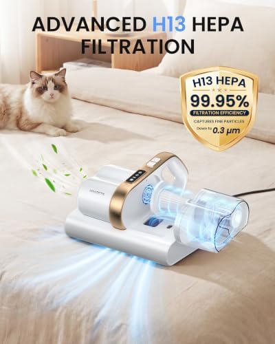 HEAPETS Mattress Vacuum Cleaner, 16Kpa Bed Vacuum with 275nm UV-C Light & 149℉ Heat & Ultrasonic, Dual High-Speed Roller Brushes & H13 HEPA Filter for Pet Hair, Bed, Sofa, Couch, Corded White - Image 4