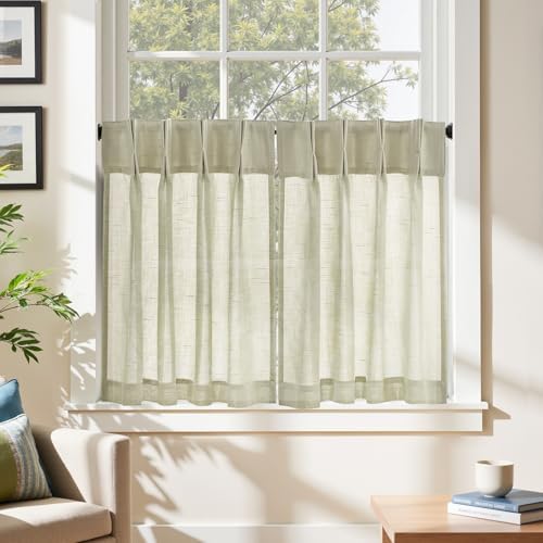 jinchan Linen Pinch Pleated Back Tab Tier Curtains, 26x30, Beige - Image 3