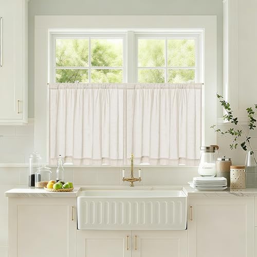 Beige Semi Sheer Linen Kitchen Curtains 24 Inch Length 2 Panels - Image 5