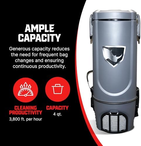 Commercial Lightweight Backpack Bagged Vacuum Cleaner, for Carpet and Hard Floors, 50-Foot Cord, by Rhino - Image 5