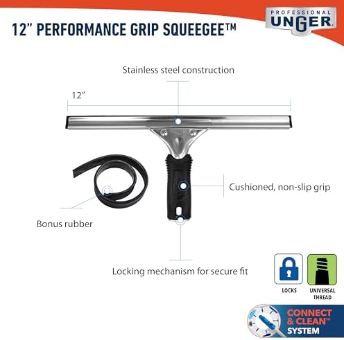Unger Professional Connect and Clean 12” Performance Squeegee for Glass and Window Care with Replacement Rubber, Heavy Duty Cleaning Supplies with Streak-Free Results, Handheld Household Cleaner Tool - Image 5
