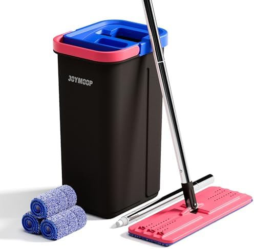 JOYMOOP Flat Mop System, Microfiber Mop and Bucket Set, Black, Household & Commercial Floor Cleaning System for Hardwood, Tile & Glass, Wet Dry Use, 60" Handle, 3 Pads by JOYMOOP