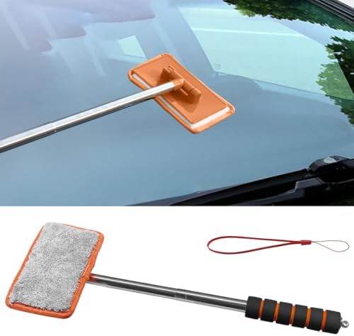 Car Windshield Cleaner Tool, Retractable Rearview Mirror Brush with Extendable Handle, Microfiber Window Washing Pad, Portable Auto Glass Wiper for Car Home Office (Orange) by Unknown