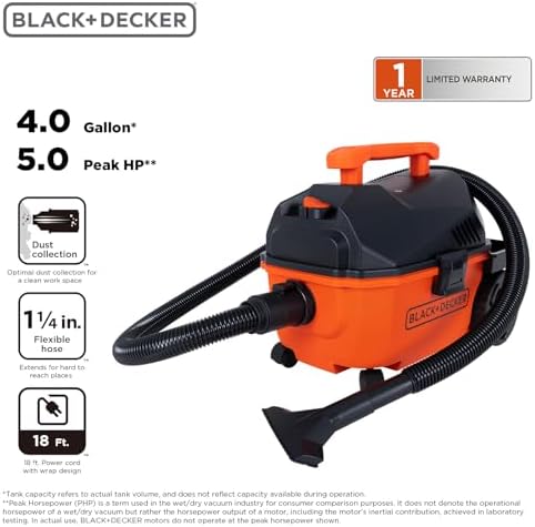 BLACK+DECKER Shop Vacuum Wet and Dry, 4 Gallon 5.0 Peak HP Wet/Dry Vacuum, Quiet Operation with Muffler, Long Reach Cleaning Range & On-Board Storage, Complete Accessory Set, BDXV18905P-4 - Image 2