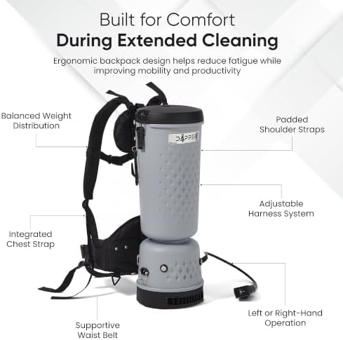 Dapper Commercial Backpack Vacuum Cleaner, 13 lb Lightweight HEPA Filter, 10.5 Qt Capacity, 50 Ft Cord, 1200W for Hard Floors, Carpet, Stairs & Offices - Image 6