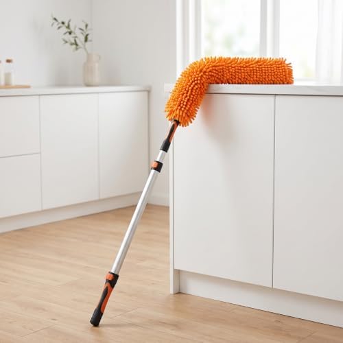 Chenille Duster with Bendable Head – Washable Ceiling Fan Duster for High Ceilings, Blinds, and Furniture – Universal Thread Fit for Easy Cleaning, Orange - Image 7